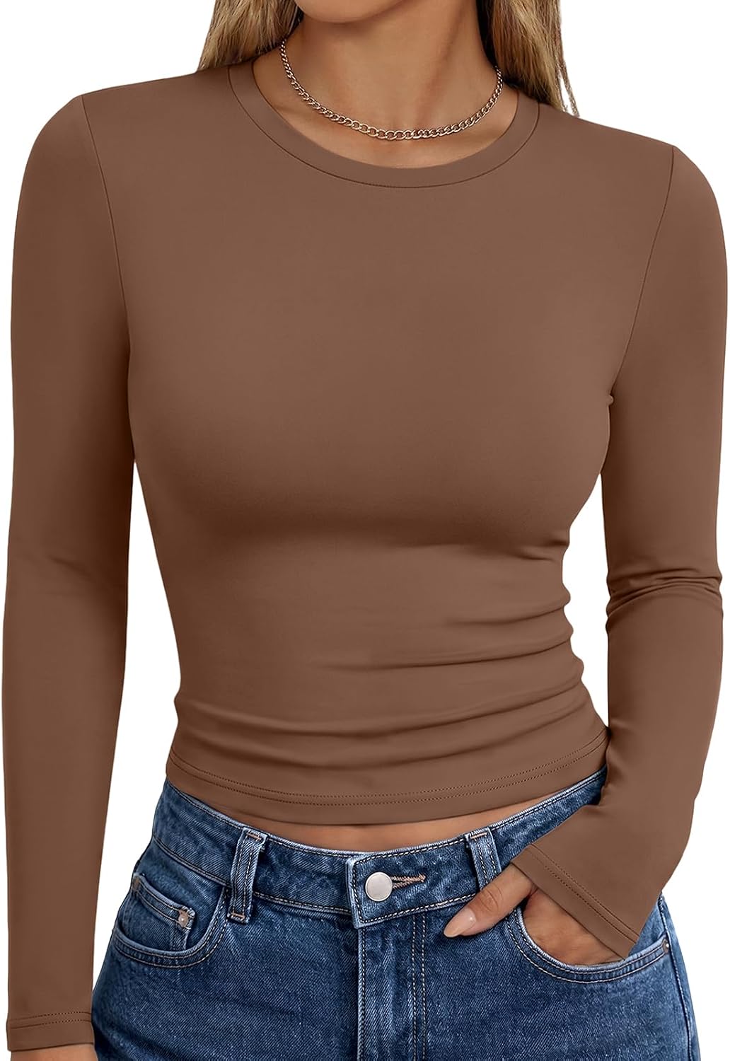 Trendy Queen women's long sleeve T-shirt in fall fashion style, featuring a basic Y2K-inspired design, shown in black.