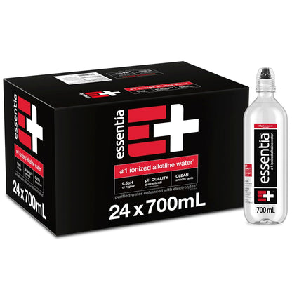 Bottle of Essentia Ionized Alkaline Water with 9.5+ pH, 24-pack of 20oz bottles, clear water in transparent bottles