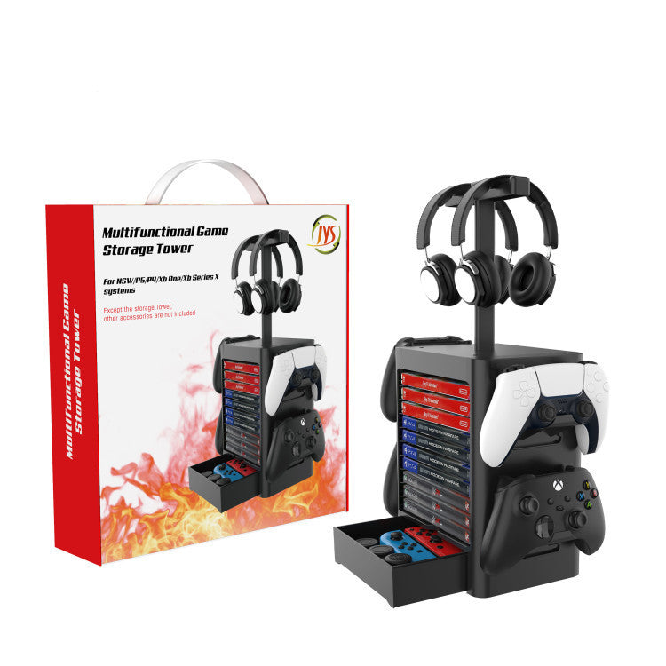 CD storage rack with earphone holder handle, black plastic design