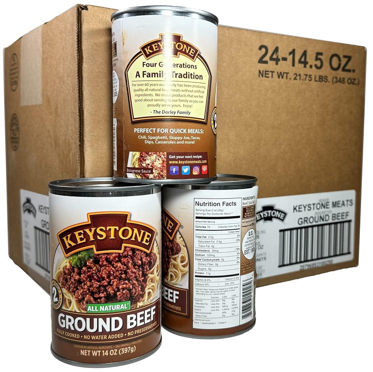 Canned Keystone All Natural Heat and Serve Ground Beef in 14 oz can, ready-to-eat, fully cooked, pantry staple, USA-made.