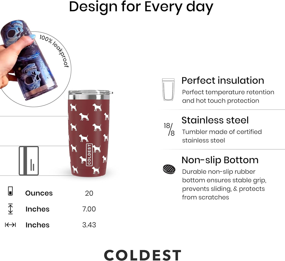 Coldest 20 oz Tumbler v2 hydration bottle with stainless steel body and black lid, designed for keeping drinks cold.