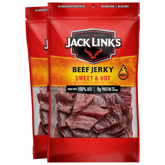 Jack Link's Original Beef Jerky Multipack with two 9 oz packs, showcasing savory, sliced beef jerky in clear packaging.
