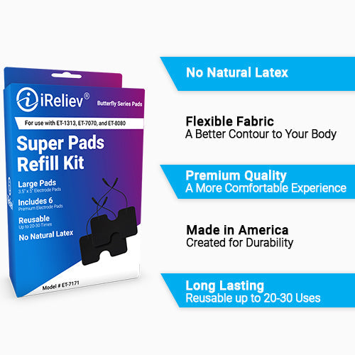 White wired Super Pads refill kit by iReliev, showing multiple adhesive pads and connectors for pain relief devices.