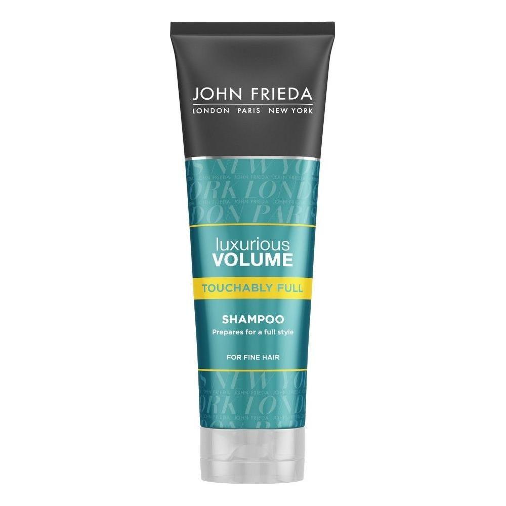 John Frieda Luxurious Volume Full Splendor Shampoo bottle, 8.45 oz, with a sleek design and vibrant label for full, voluminous hair.
