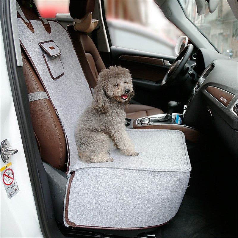 Retro dual-purpose pet car mat front seat cushion for dogs and cats, charcoal gray fabric with sturdy straps
