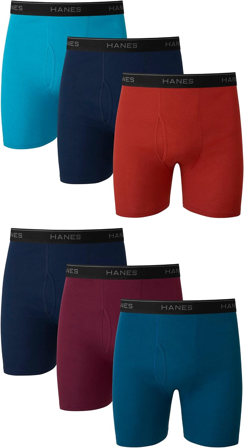 Hanes men's boxer briefs pack with cool, breathable cotton, moisture-wicking fabric, designed for comfort and no ride-up fit.