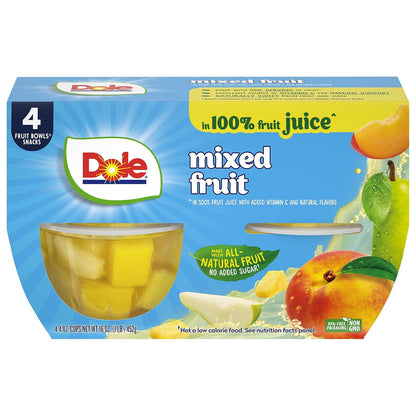 Canned Dole pineapple tidbits and tropical fruit in 4 oz bowls, 12-pack, showing colorful pineapple and mixed tropical fruits.