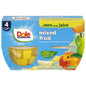 Canned Dole pineapple tidbits and tropical fruit in 4 oz bowls, 12-pack, showing colorful pineapple and mixed tropical fruits.