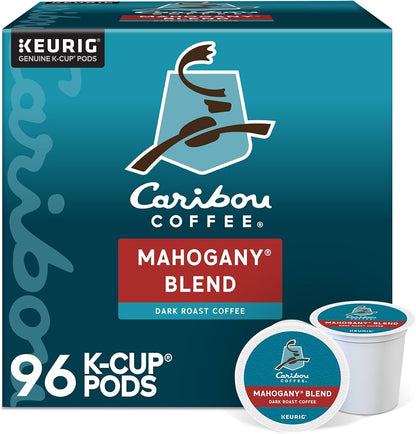 KupofK Caribou Mahogany Blend dark roast coffee K-Cup pods, 96 count, featuring rich mahogany flavor and bold aroma.