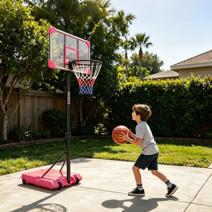 Kids basketball hoop by GBruno Store, adjustable height 5.6-7ft with wheels, featuring a sturdy backboard and hoop for outdoor play.