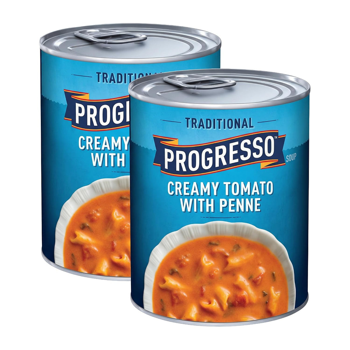 Canned Progresso traditional chicken noodle soup in a 19 oz can, shown in a 4-pack, featuring soup with chicken, noodles, and vegetables.