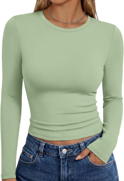 Trendy Queen women's long sleeve T-shirt featuring a fall fashion Y2K style, casual basic top with a fitted design.