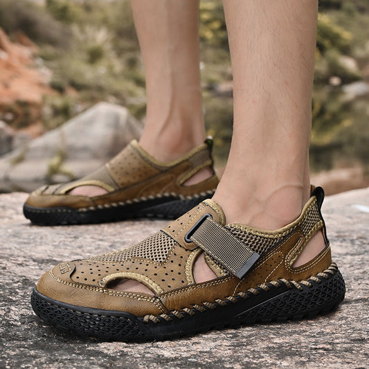 Breathable men's closed-toe sandals with lightweight design and adjustable straps, viewed from the side