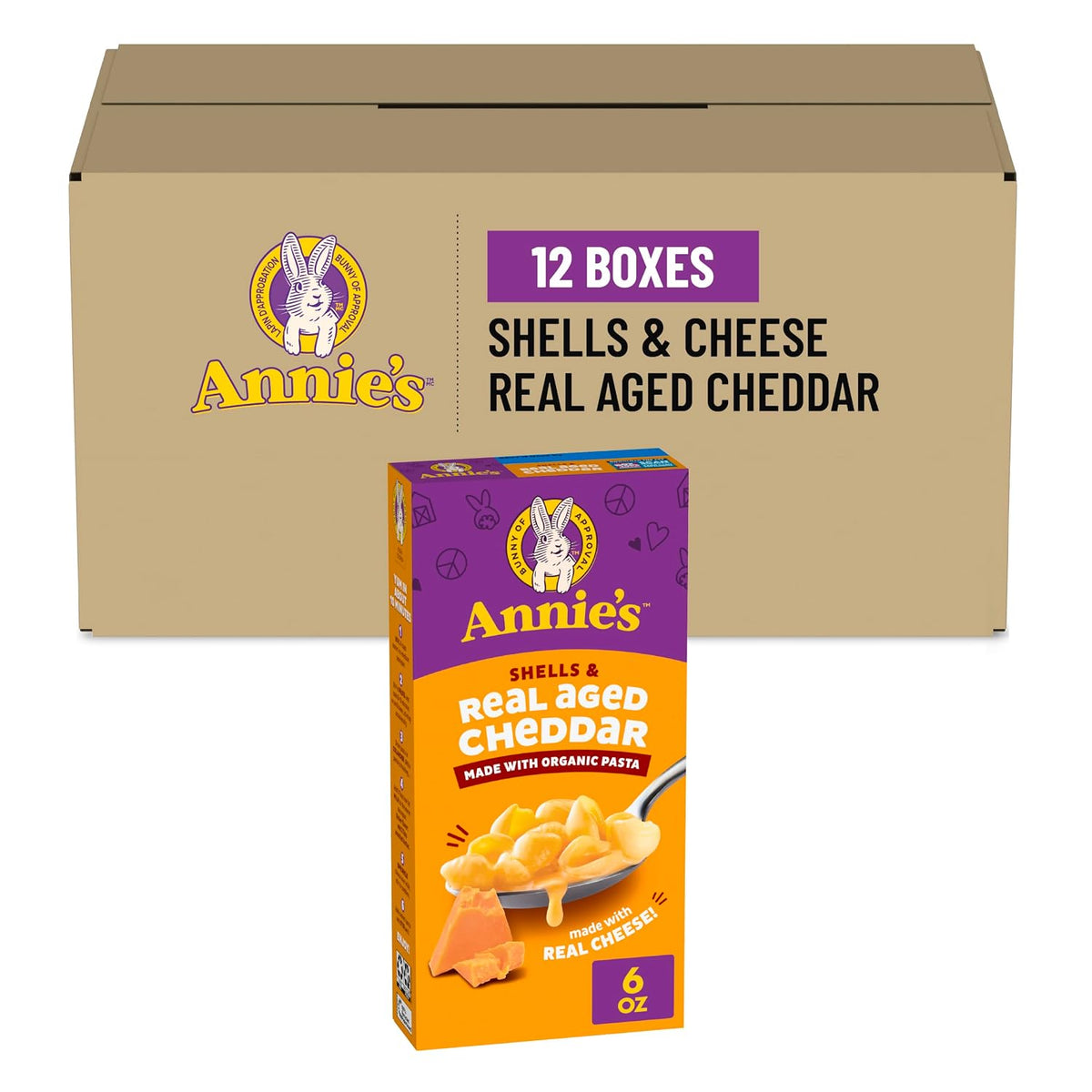 Annie's Homegrown Shells & White Cheddar organic pasta and cheese pack, 4-count, 24 oz packaged mac and cheese with creamy cheese sauce