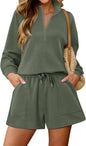 KISSMODA women’s lounge set with matching sweatshirt and shorts, casual comfortable outfit for relaxation.