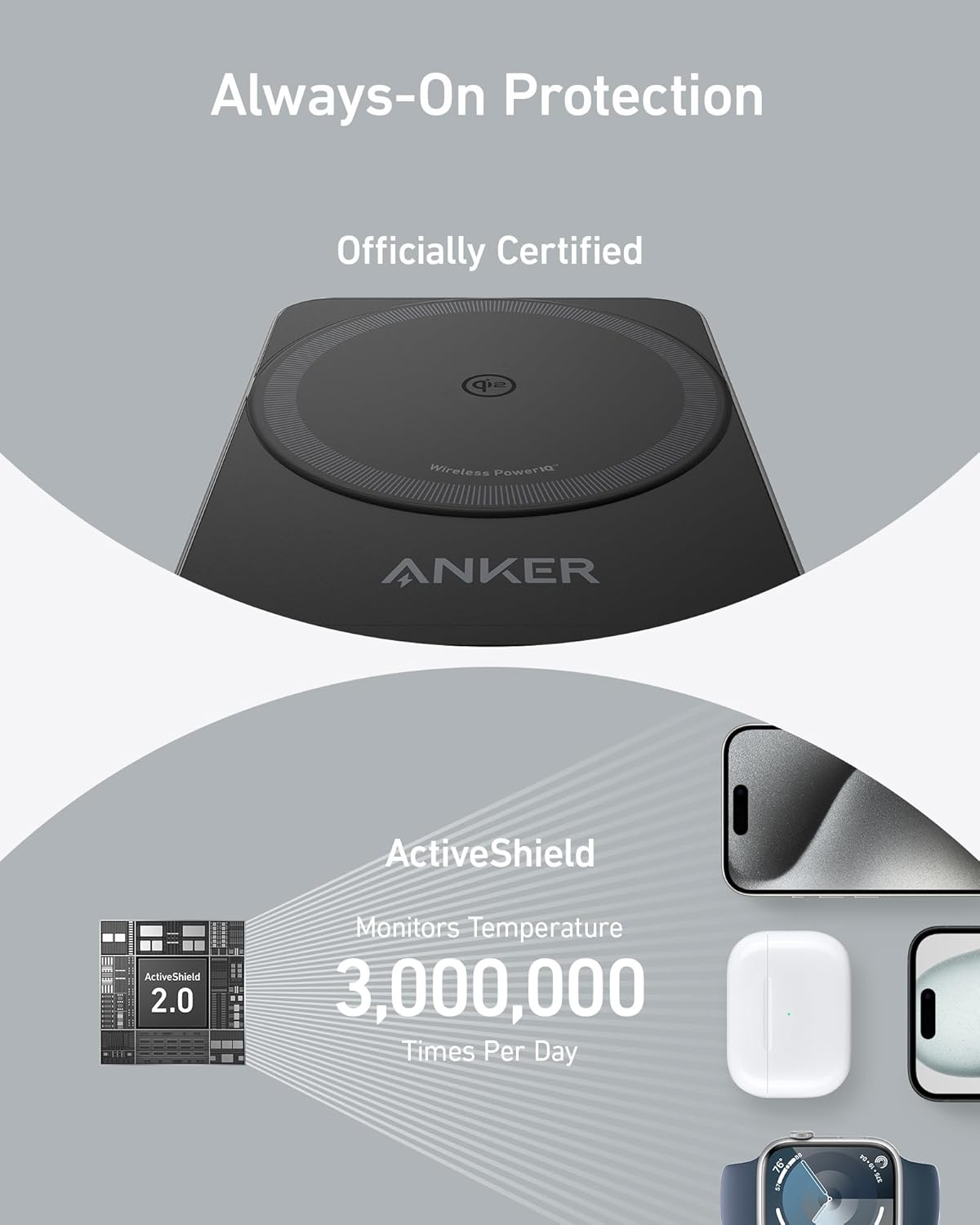 Anker MagGo Wireless Charging Station 3-in-1 foldable design with multiple charging pads for phone, smartwatch, and earbuds.