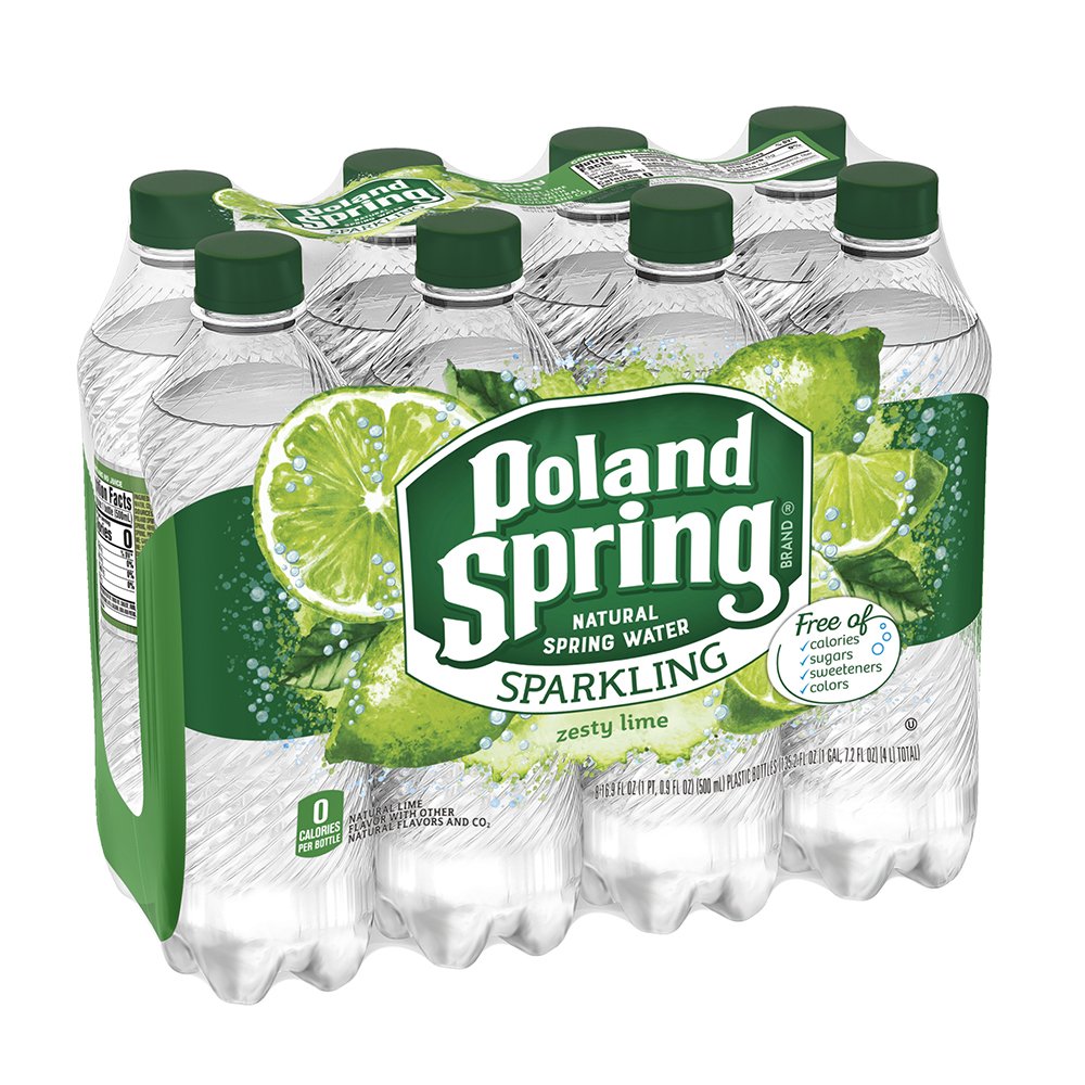 Poland Spring Zesty Lime Sparkling Water bottles, 16.9 oz, pack of 8, with clear labels and lime flavor accents.