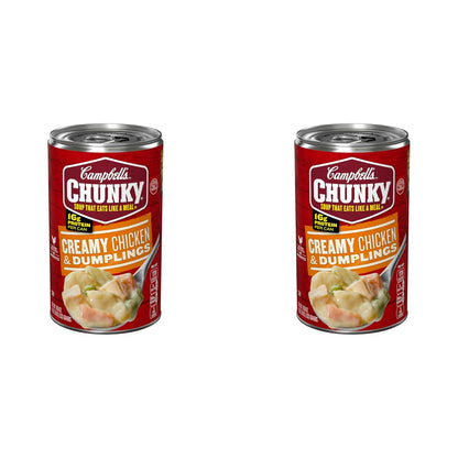 Campbell’s Chunky Creamy Chicken and Dumplings Soup in an 18.8 oz can, featuring hearty chicken, dumplings, and creamy broth