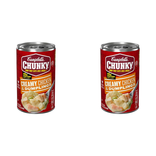 Campbell’s Chunky Creamy Chicken and Dumplings Soup in an 18.8 oz can, featuring hearty chicken, dumplings, and creamy broth