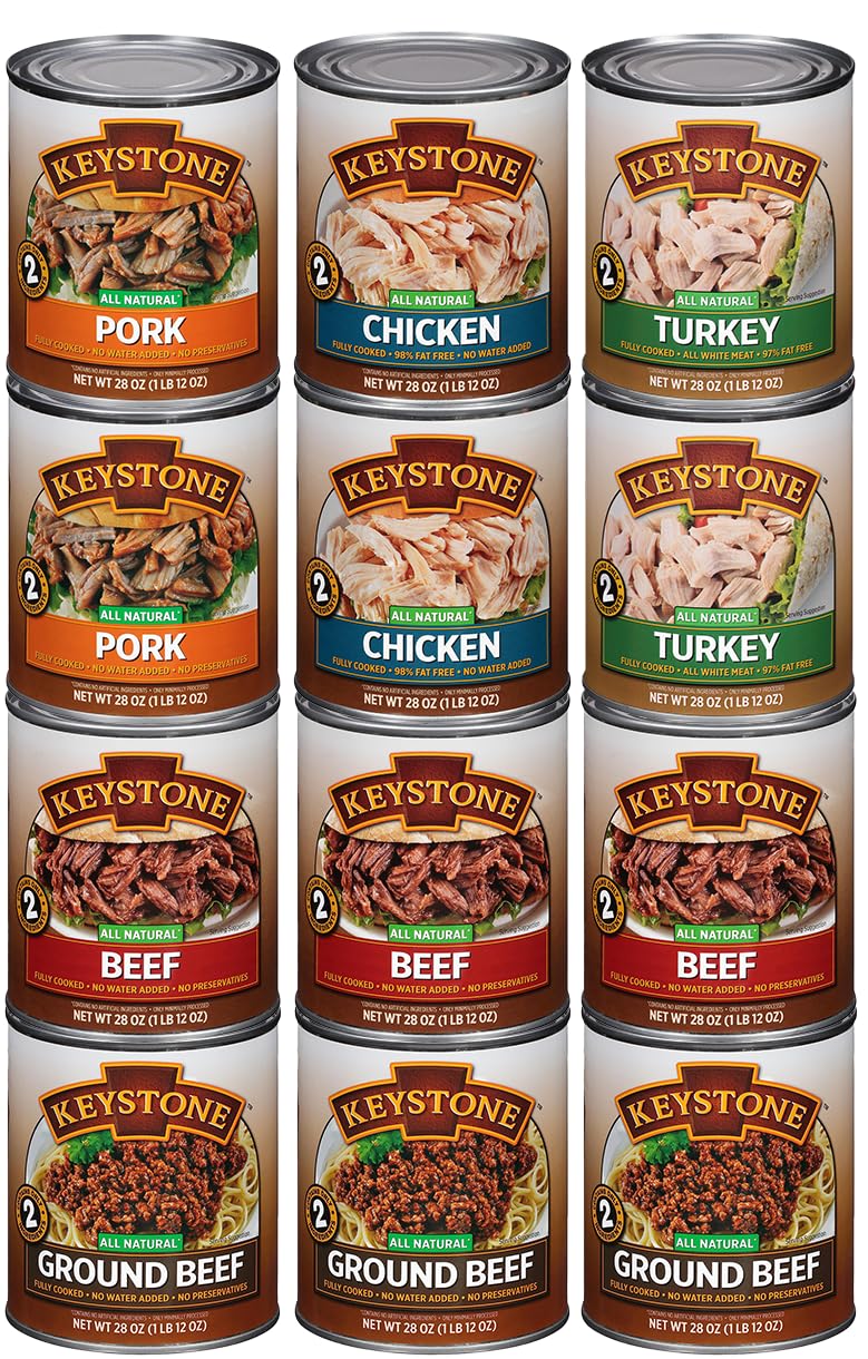 Keystone canned meat variety pack with beef, chicken, turkey, and pork, featuring fully cooked 14.5 oz and 14 oz cans, pantry staple