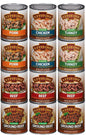 Keystone canned meat variety pack with beef, chicken, turkey, and pork, featuring fully cooked 14.5 oz and 14 oz cans, pantry staple