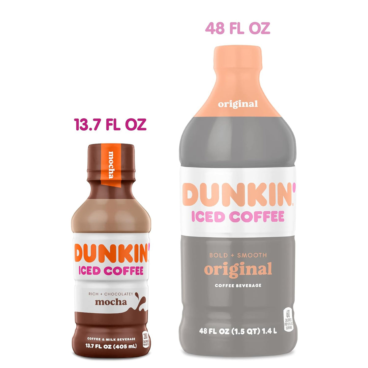 Dunkin' Mocha Iced Coffee in 13.7 fl oz bottles, pack of 12, with dark chocolate and coffee beverage in clear bottles