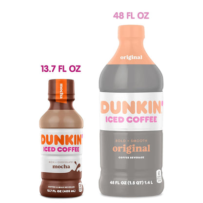 Dunkin' Mocha Iced Coffee in 13.7 fl oz bottles, pack of 12, with dark chocolate and coffee beverage in clear bottles
