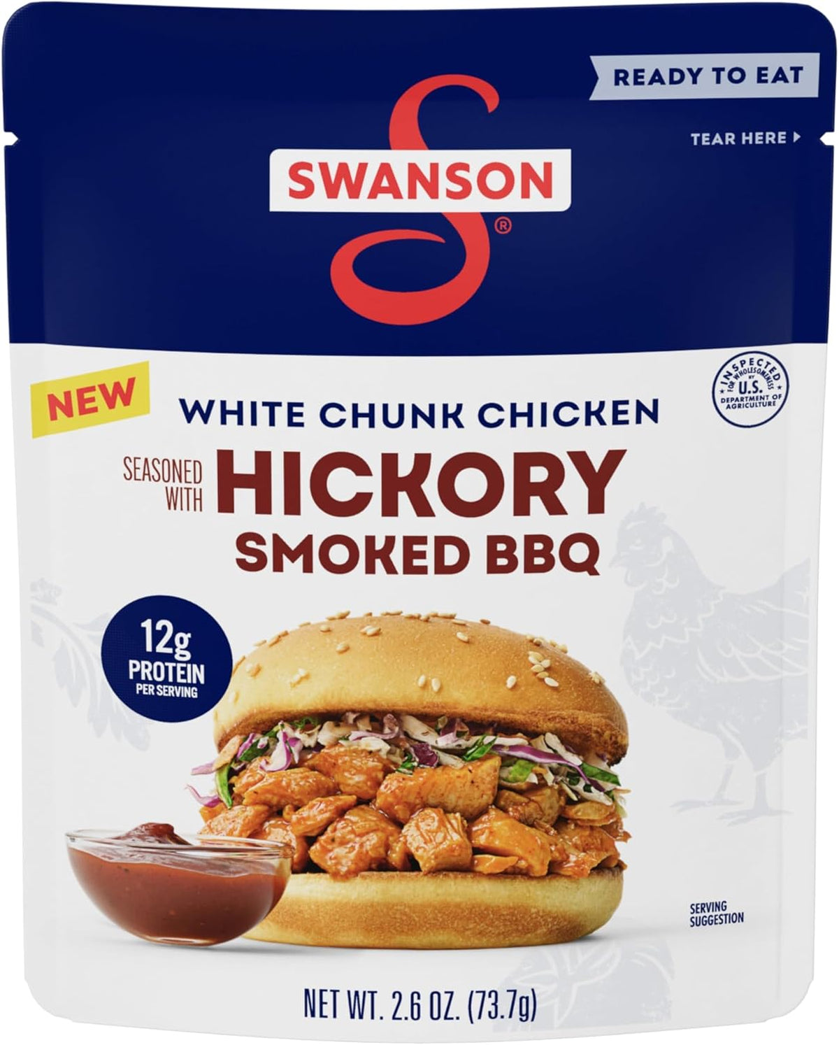 Canned Swanson White Premium Chunk Chicken in Water, 4-pack, 2.4 oz cans, showing the product in its can with label visible.