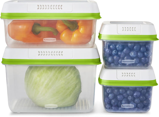 Rubbermaid FreshWorks Large Produce Storage Containers, 4-piece set, clear plastic containers for fresh fruit and vegetable storage.