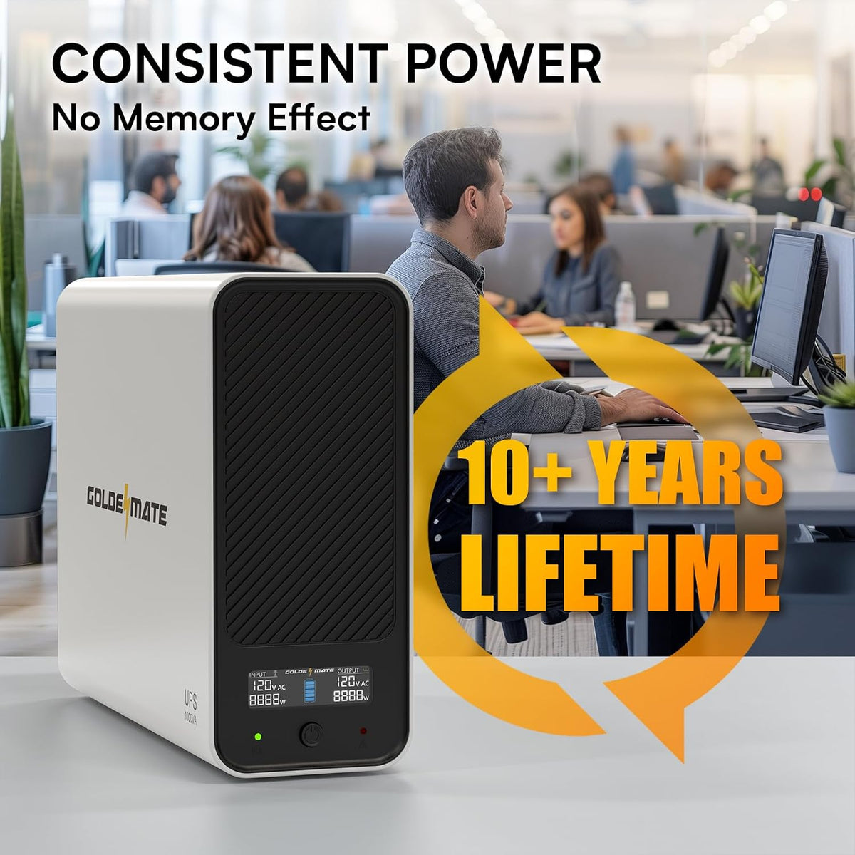 GOLDENMATE 1000VA lithium UPS battery backup and surge protector, white, with digital display and power outlets for backup power.