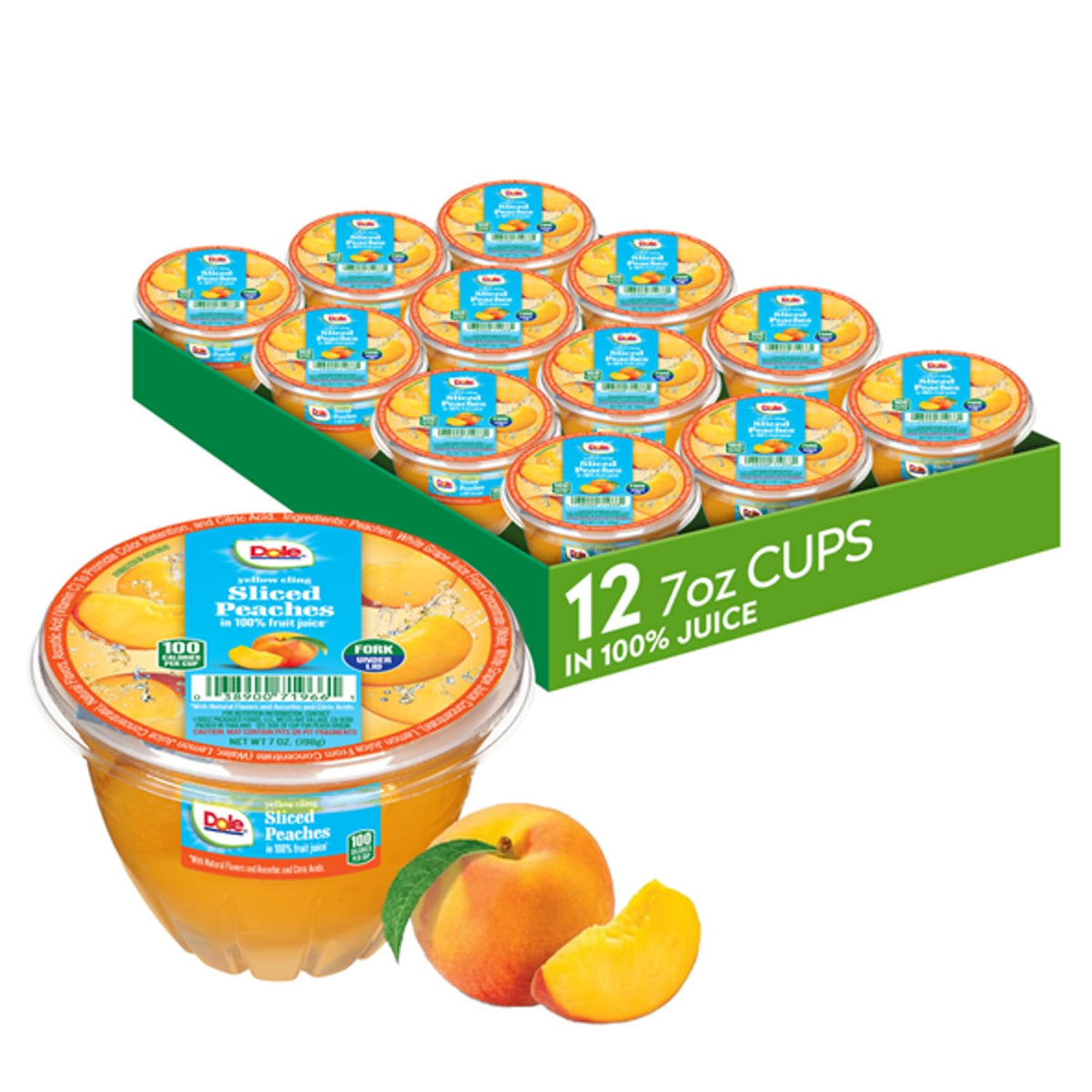 Dole Fruit Bowls diced peaches in 4oz cup, showing fresh peach slices in clear plastic container for fruit snack enjoyment.