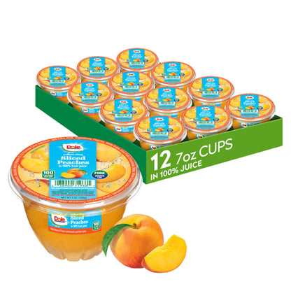 Dole Fruit Bowls diced peaches in 4oz cup, showing fresh peach slices in clear plastic container for fruit snack enjoyment.