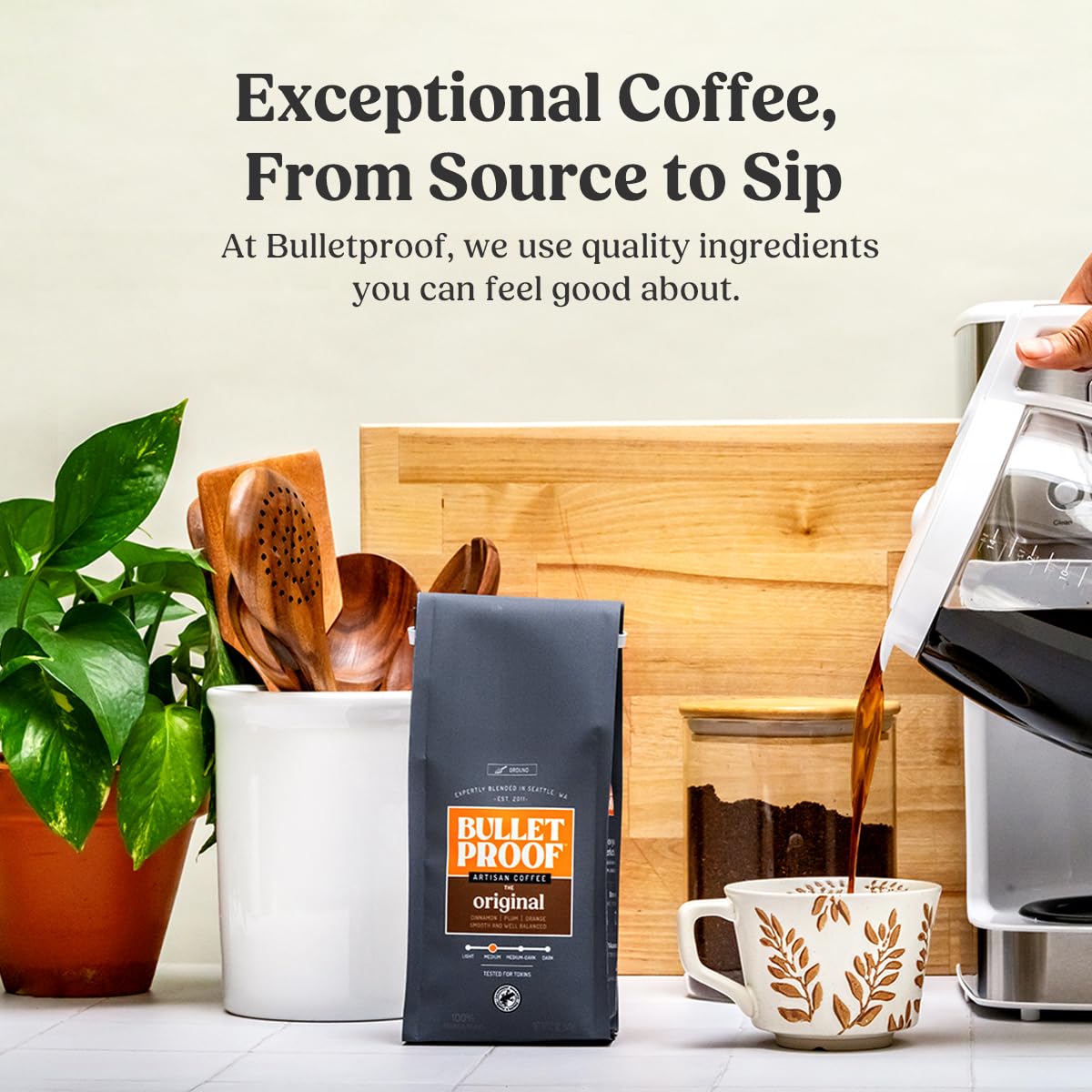 Bulletproof Original Medium Roast Ground Coffee in a 12 oz pack, showing three bags of premium ground coffee for brewing.