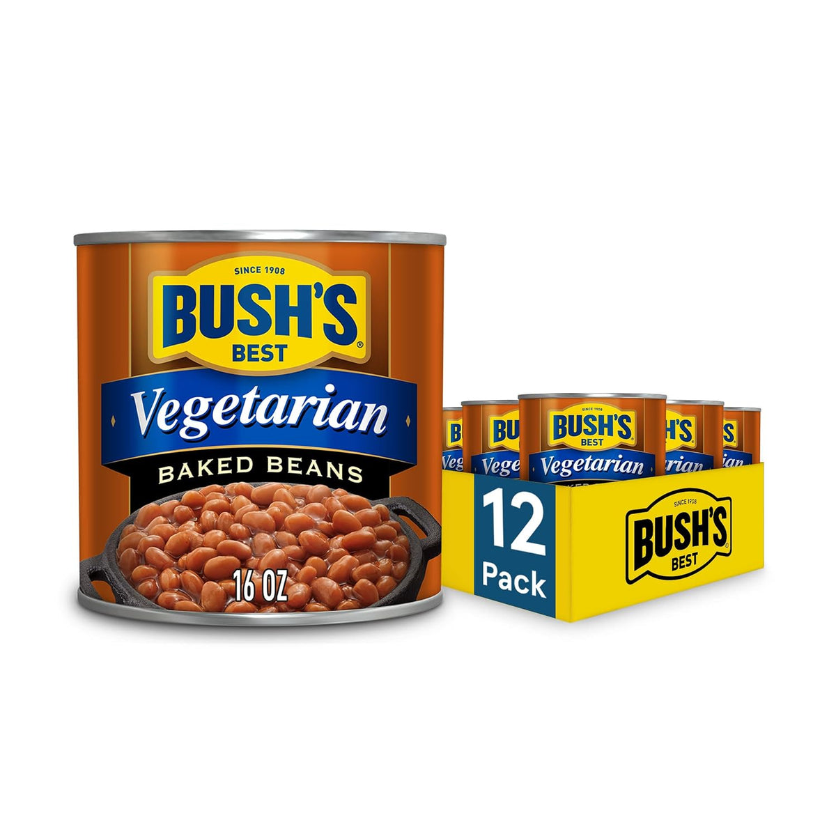 Canned Bush's Best Maple Cured Bacon Baked Beans in 16 oz can, pack of 12, with baked beans featuring bacon and maple flavor.