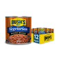 Canned Bush's Best Maple Cured Bacon Baked Beans in 16 oz can, pack of 12, with baked beans featuring bacon and maple flavor.