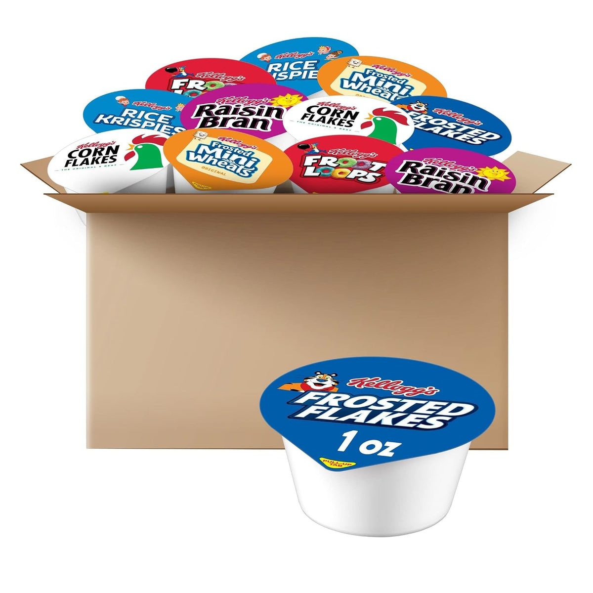 Kellogg's breakfast cereal cups variety pack, bulk size, 96 individual 1.13oz cups of assorted cereals in colorful packaging.