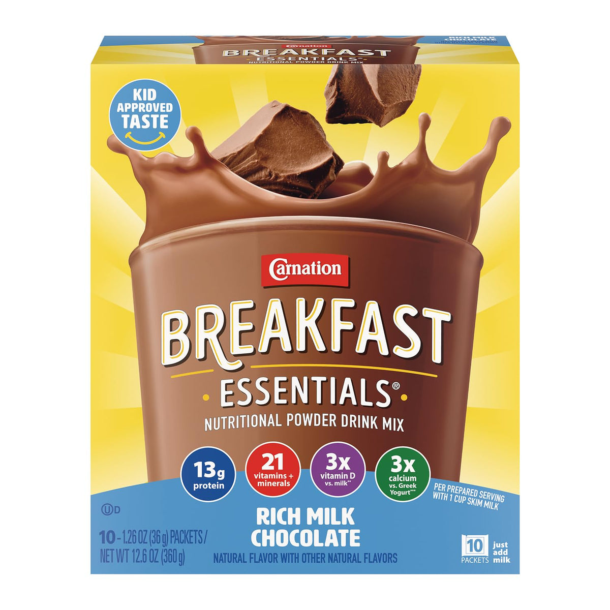 Carnation Breakfast Essentials strawberry nutritional drink mix in a glass with a spoon, ready to enjoy as a complete breakfast.