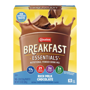 Carnation Breakfast Essentials strawberry nutritional drink mix in a glass with a spoon, ready to enjoy as a complete breakfast.