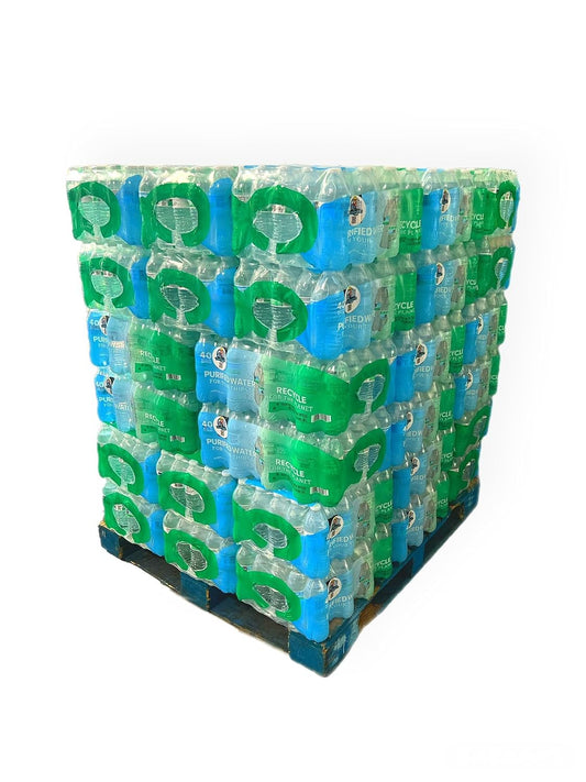 Bulk pack of 1920 bottles of MM Purified Drinking Water, 16.9oz each, arranged in 48 cases for wholesale purchase.