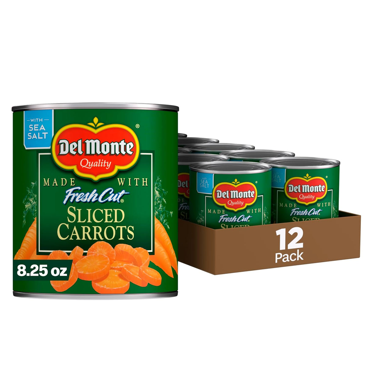 Canned Del Monte sliced carrots in a pack of 12, showing shiny, evenly sliced orange carrots in a clear can
