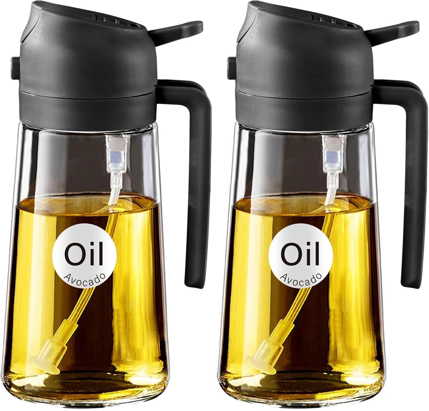 Generic 16oz/470ml Glass Olive Oil Sprayer for Cooking with Stickers, 2 in 1 Oil Dispenser for Kitchen Gadgets, Food Grade Premium Spray Bottle with Portion Control for Salad, Frying, BBQ (Black).