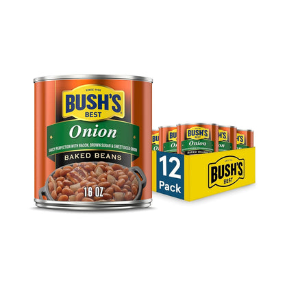 Bush's Best Maple Cured Bacon Baked Beans in a 16 oz can, shown in a pack of 12, with baked beans and bacon pieces visible.