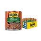 Bush's Best Maple Cured Bacon Baked Beans in a 16 oz can, shown in a pack of 12, with baked beans and bacon pieces visible.