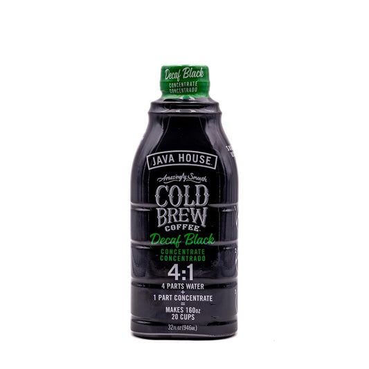 Decaf Cold Brew 4:1 Concentrate by Java House in a clear bottle, showcasing dark coffee concentrate with a label.