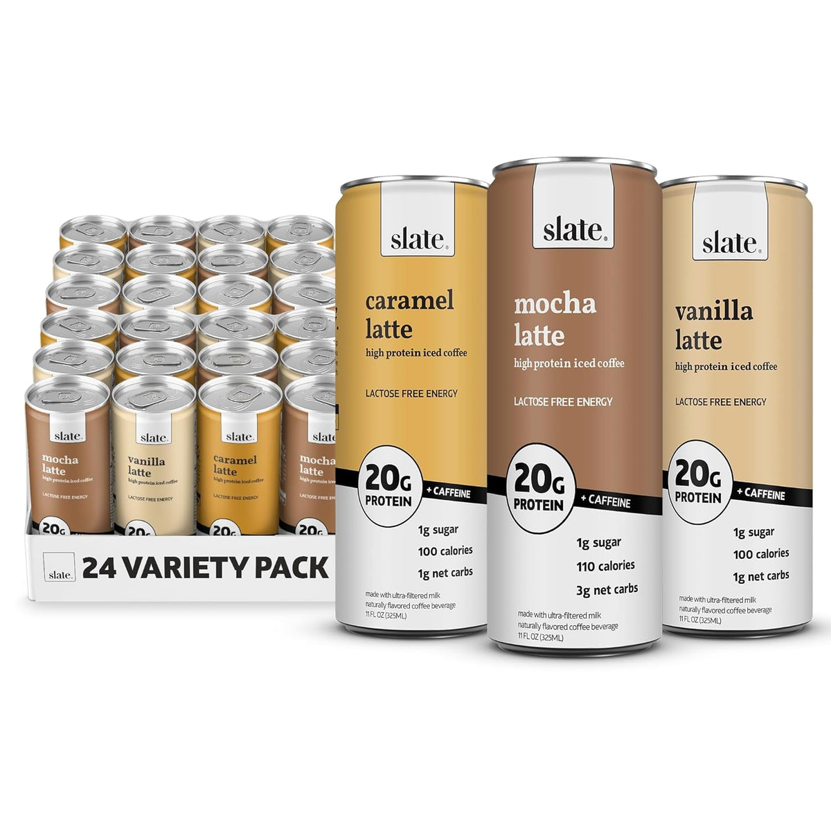 Slate Milk high protein milk shakes and iced coffees in chocolate, mocha, vanilla, and French vanilla flavors, 11 fl oz cans.