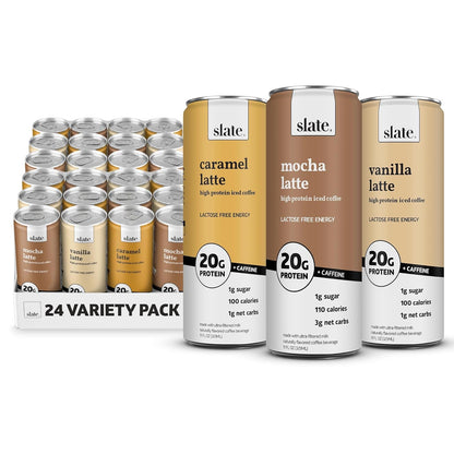 Slate Milk high protein milk shakes and iced coffees in chocolate, mocha, vanilla, and French vanilla flavors, 11 fl oz cans.