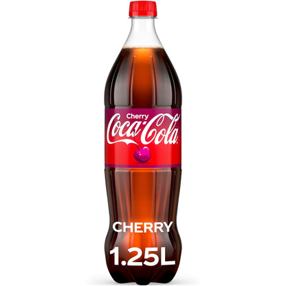 Coca-Cola Cherry soda soft drink cans, 12 fl oz, 12-pack, featuring red cans with cherry and Coca-Cola branding.