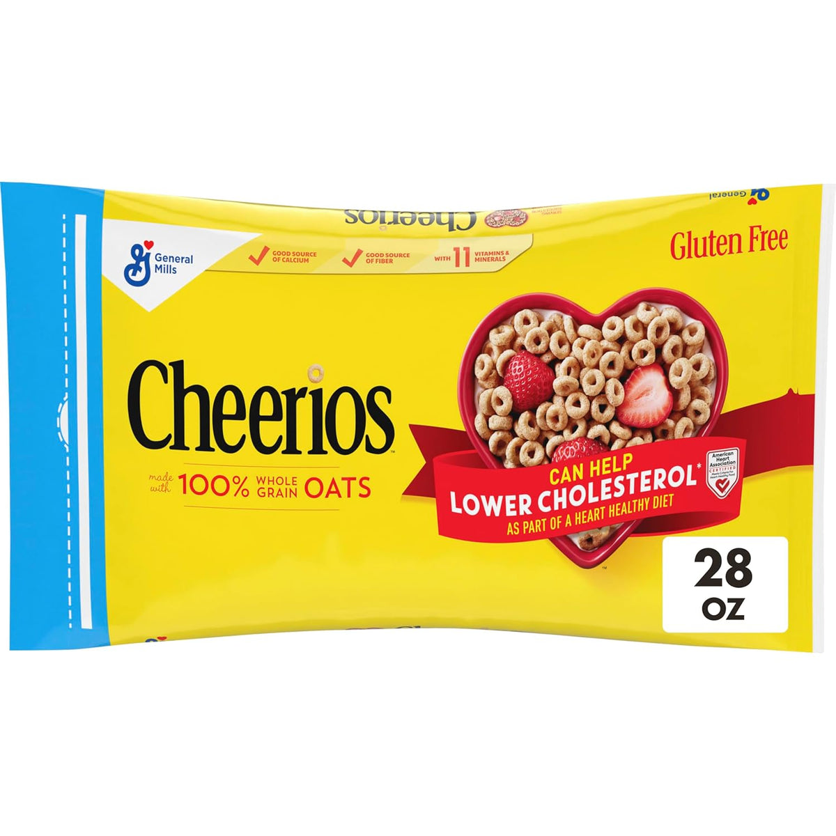 Cheerios gluten-free breakfast cereal in a family size box with round, oat-based cereal pieces on a white background