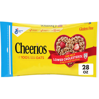 Cheerios gluten-free breakfast cereal in a family size box with round, oat-based cereal pieces on a white background