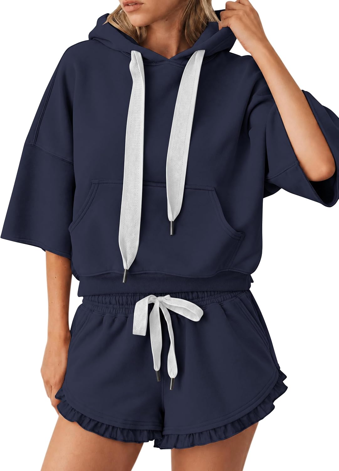 Lauweion women's 2-piece sweat set with boxy hoodie and ruffle trim shorts, casual loungewear outfit shown in the image.